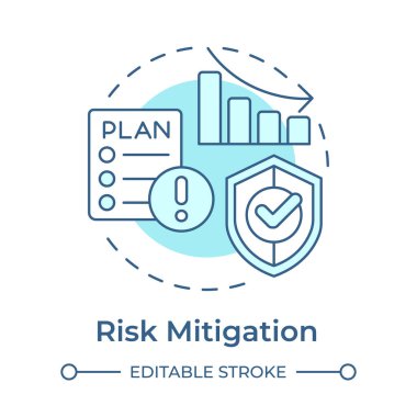 Yumuşak mavi konsept ikonu riski. Kazalarla başa çıkma stratejisi. Tehlike yönetimi süreci. Yuvarlak şekil çizimi. Soyut bir fikir. Grafik tasarımı. Promosyon malzemelerinde kullanması kolay