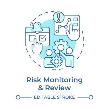 Risk izleme ve yumuşak mavi konsept simgesini gözden geçirme. İzleme değişiklikleri. Tehlike yönetimi süreci. Yuvarlak şekil çizimi. Soyut bir fikir. Grafik tasarımı. Promosyon malzemelerinde kullanması kolay