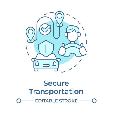 Güvenli ulaşım yumuşak mavi konsept simgesi. Turistler için güvenli yolculuk seçenekleri. Seyahat yönetimi servisi. Yuvarlak şekil çizimi. Soyut bir fikir. Grafik tasarımı. Sunumda kullanması kolay