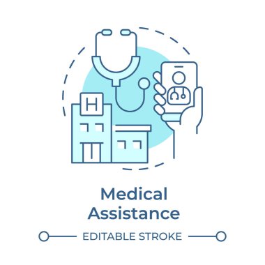 Tıbbi yardım, yumuşak mavi kavram ikonu. Sağlık hizmetlerine erişim. Seyahat yönetimi servisi. Yuvarlak şekil çizimi. Soyut bir fikir. Grafik tasarımı. Promosyon malzemelerinde kullanması kolay