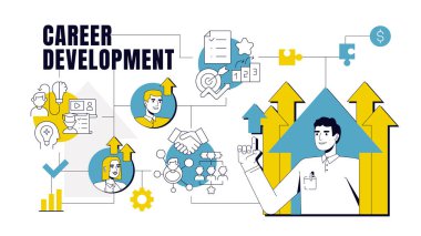 Kariyer geliştirme konsepti çizimi. Kişisel gelişim, profesyonel. İşçi, işçi. Eğitim koçluğu. Düz vektör karakterli metin pankartı, renkli çizgi simgeleri. Görsel iletişim