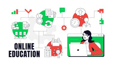 Çevrimiçi eğitim konsepti çizimi. Uzaktan eğitim, kazanç. Mesafe öğrenme. Mezuniyet, bilgi. Düz vektör karakterli metin pankartı, renkli çizgi simgeleri. Görsel iletişim