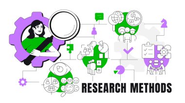 Araştırma yöntemleri konsept illüstrasyon. Memnuniyet araştırması, sosyoloji. Röportaj geri bildirimi. Etnik köken, iletişim. Düz vektör karakterli metin pankartı, renkli çizgi simgeleri. Görsel iletişim