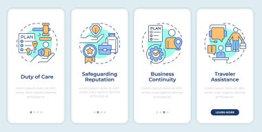 Seyahat riski yönetiminin avantajları mobil uygulama ekranında. Doğrusal kavramlarla düzenlenebilir grafik yönergelerini dört adımda gözden geçir. UI, UX, GUI şablonu. Montserrat Yarı Kalın, Düzenli yazı tipleri