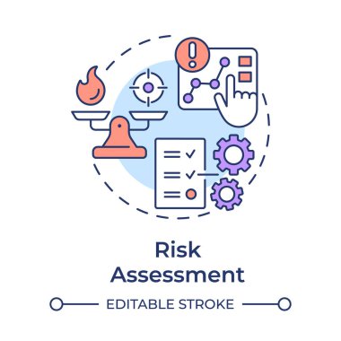 Risk değerlendirme çok renkli konsept simgesi. Olası çarpışmayı tanımla. Tehlike yönetimi süreci. Yuvarlak şekil çizimi. Soyut bir fikir. Grafik tasarımı. Sunumda kullanması kolay