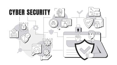 Siber güvenlik pankartı kavramsal illüstrasyon. Kişisel mahremiyet, kontrol. Hackleme, kötü amaçlı yazılım. Tehdit algılama, izleme. Şekillendirilmiş karakterli soyut fikir, taslak simgeler. Tek renkli vektör