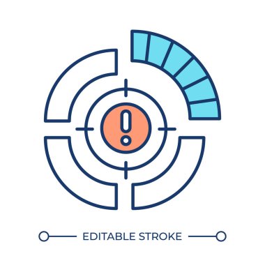 Risk tanımlama RGB renk simgesi. Ünlem işaretli hedef potansiyel tehlikeye odaklandı. Güvenlik teknolojisi. İzole vektör çizimi. Basit bir çizgi çizimi. Düzenlenebilir vuruş