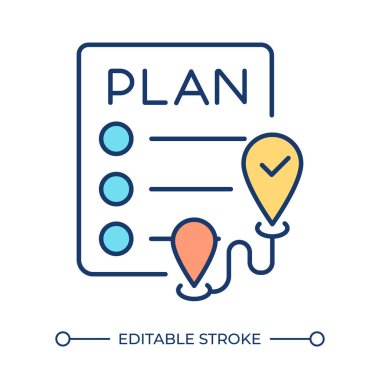 Güvenli ulaşım planı RGB renk simgesi. Bağlı uzak konumlara sahip kontrol listesi. Dağıtım ve lojistik yönetim. İzole vektör çizimi. Basit bir çizgi çizimi. Düzenlenebilir vuruş