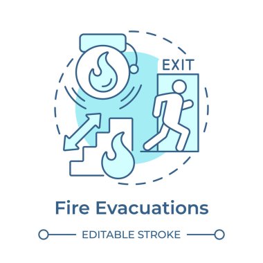 Yangın boşaltma yumuşak mavi konsept ikonu. Hemen yangın bölgesini terk ediyorum. Güvenlik ve acil durum alarmı. Yuvarlak şekil çizimi. Soyut bir fikir. Grafik tasarımı. Sunumda kullanması kolay