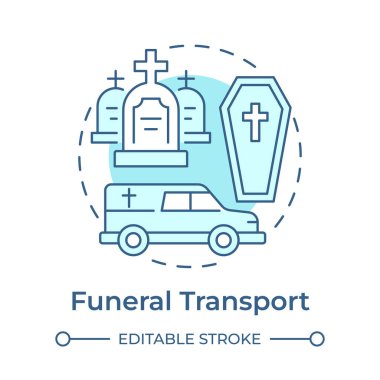 Cenaze araçları, yumuşak mavi konsept simgesi. Teslimatçıları gömme yerine götürüyoruz. Tıbbi araç servisi. Yuvarlak şekil çizimi. Soyut bir fikir. Grafik tasarımı. Sunumda kullanması kolay