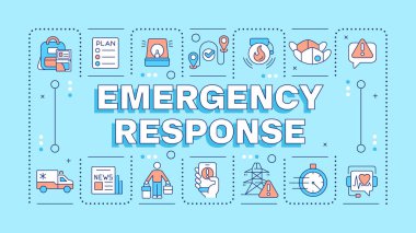 Acil durum mavi kelime konsepti. Tehlikeli kaza sırasında eylem. Kurtarma ekibi. Tipografi afişi. Başlık metniyle vektör illüstrasyonu, düzenlenebilir simge rengi. İnbot Sans yazı tipi kullanıldı