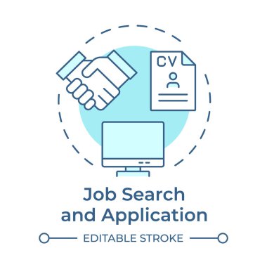 İş arama ve uygulama yumuşak mavi konsept simgesi. Röportaja devam. İşe alım, işe alım. Yuvarlak şekil çizimi. Soyut bir fikir. Grafik tasarımı. Bilgide ve sunumda kullanması kolay