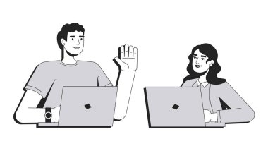 Bağımsızlar çizgisi kavramsal illüstrasyon. İşçi teknolojisi, uzaktan kumanda. İşbirliği, takım çalışması. İki boyutlu dizüstü bilgisayarlar üzerinde çalışan erkek ve kadın karakterler izole edildi. Doğrusal çizim gri ölçekli vektörü