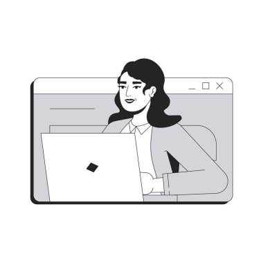 Çalışan hattı kavramsal illüstrasyon. Uzaktan çalışma, modern teknoloji. İş kadını web penceresi içinde dizüstü bilgisayarda 2D ana hatlarıyla karakterini izole ediyor. Doğrusal çizim gri ölçekli vektörü