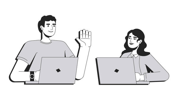 Концептуальная иллюстрация фрилансеров. Рабочие технологии, удаленная работа. Сотрудничество, командная работа. Мужчина и женщина, работающие на ноутбуках 2D очертания символов изолированы. Линейный вектор оттенка серого