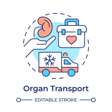 Organ taşımacılığı çok renkli konsept simgesi. Nakil için vücut parçaları teslimatı. Tıbbi araç servisi. Yuvarlak şekil çizimi. Soyut bir fikir. Grafik tasarımı. Uygulamada kullanması kolay