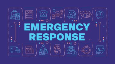 Acil durum cevabı koyu mor kelime kavramı. Tehlikeli kaza sırasında eylem. Kurtarma ekibi. Yatay vektör görüntüsü. Düzenlenebilir taslak simgelerle çevrili başlık metni. İnbot Sans yazı tipi kullanıldı