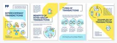 Şirket içi işlemler mavi ve sarı broşür şürü. İş dünyasının mali faaliyetleri. Çizgisel simgeli broşür tasarımı. Düzenlenebilir 4 vektör düzeni. Questrial, Lato-Düzenli yazı tipleri