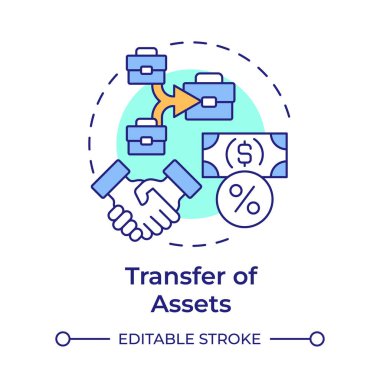 Mal varlığının transferi çok renkli konsept simgesi. Şirket grubunda mülkiyet hareketi. Şirket içi işlemler. Yuvarlak şekil çizimi. Soyut bir fikir. Grafik tasarımı. Kitapçıkta kullanması kolay