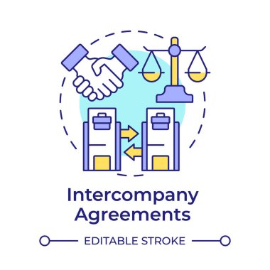 Şirketler arası anlaşmalar çok renkli konsept simgesi. Yasal düzenleme standartları. Grup içi işlem süreci. Yuvarlak şekil çizimi. Soyut bir fikir. Grafik tasarımı. Kitapçıkta kullanması kolay