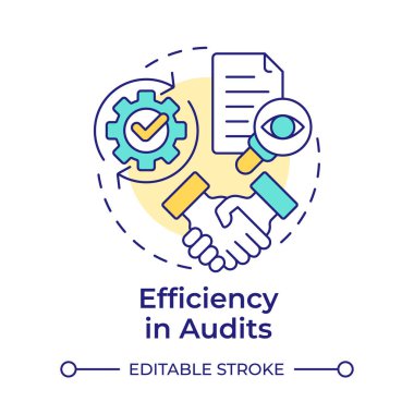 Denetimlerde verimlilik çok renkli konsept simgesidir. Kayıtlar doğru. Şirketler arası muhasebe işlemlerinin faydaları. Yuvarlak şekil çizimi. Soyut bir fikir. Grafik tasarımı. Kitapçıkta kullanması kolay