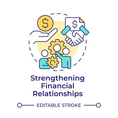 Finansal ilişkileri güçlendiren çok renkli konsept simgesi. Şirketler arası muhasebe işlemlerinin faydaları. Yuvarlak şekil çizimi. Soyut bir fikir. Grafik tasarımı. Kitapçıkta kullanması kolay