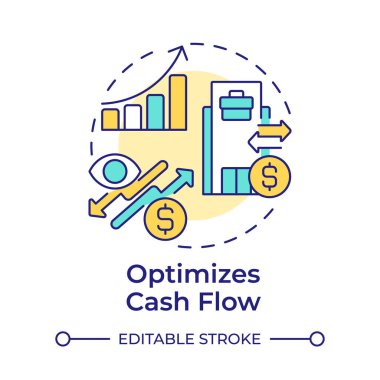 Nakit akışını çok renkli konsept simgesini optimize eder. Ödemeleri yönetiyorum. Şirketler arası muhasebe işlemlerinin faydaları. Yuvarlak şekil çizimi. Soyut bir fikir. Grafik tasarımı. Kitapçıkta kullanması kolay