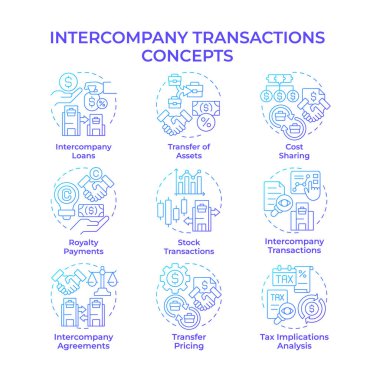Şirket içi işlemler mavi gradyan konsept simgeleri. Ticari varlıklar arasındaki etkileşim. Finansal aktivite. Simge paketi. Vektör görüntüleri. Sunum için yuvarlak şekilli çizimler. Soyut fikir