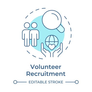 Gönüllü asker alımı. Yumuşak mavi kavram ikonu. Çekici ve gemide. Destekçiler yönetim bileşeni. Yuvarlak şekil çizimi. Soyut bir fikir. Grafik tasarımı. Broşürde kullanması kolay