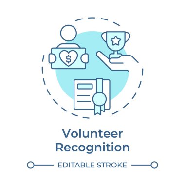 Gönüllü tanıma, yumuşak mavi konsept simgesi. Katkıları kutluyoruz. Destekçiler yönetim bileşeni. Yuvarlak şekil çizimi. Soyut bir fikir. Grafik tasarımı. Broşürde kullanması kolay