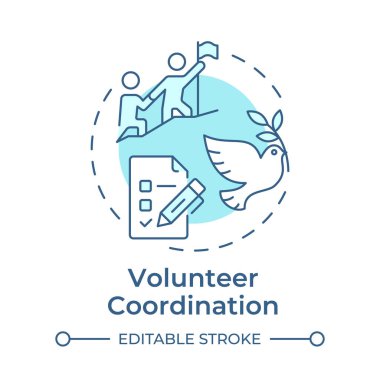 Gönüllü koordinasyon yumuşak mavi konsept simgesi. Destekçiler iş organizasyonu. Katkı yönetimi. Yuvarlak şekil çizimi. Soyut bir fikir. Grafik tasarımı. Broşürde kullanması kolay