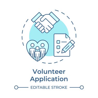 Gönüllü uygulama yumuşak mavi konsept simgesi. Adaylara erişim. Program yönetimini destekleyenler. Yuvarlak şekil çizimi. Soyut bir fikir. Grafik tasarımı. Broşürde kullanması kolay