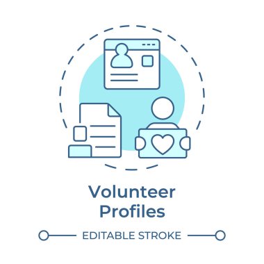 Gönüllü profilleri yumuşak mavi konsept simgesi. Kişisel bilgi merkezi. Katkı etkinliği takibi. Yuvarlak şekil çizimi. Soyut bir fikir. Grafik tasarımı. Broşürde kullanması kolay