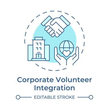 Kurumsal gönüllü entegrasyon yumuşak mavi konsept ikonu. İşletmeler ve kar amacı gütmeyen kuruluşlar. Program yönetimi. Yuvarlak şekil çizimi. Soyut bir fikir. Grafik tasarımı. Broşürde kullanması kolay