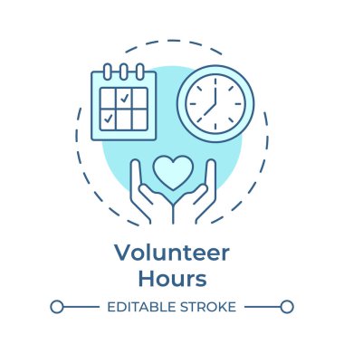 Gönüllü çalışma saatleri yumuşak mavi konsept simgesi. Organizasyon görevlerinde toplam zaman. Katkı etkinliği takibi. Yuvarlak şekil çizimi. Soyut bir fikir. Grafik tasarımı. Broşürde kullanması kolay