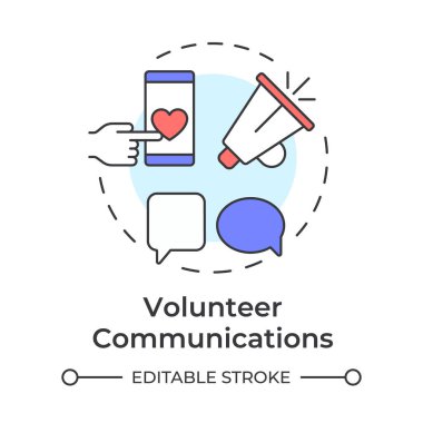 Gönüllü iletişim çok renkli konsept simgesi. Organizasyonların etkileşimi. Destekçiler yönetim bileşeni. Yuvarlak şekil çizimi. Soyut bir fikir. Grafik tasarımı. Broşürde kullanması kolay