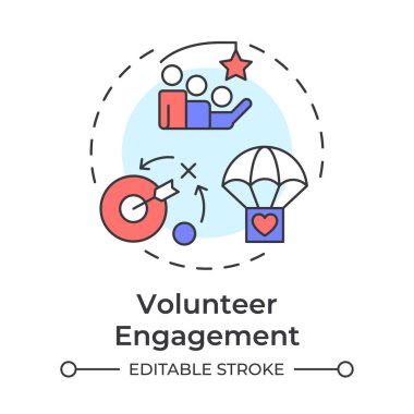 Gönüllü katılım çok renkli konsept simgesi. Yardım etmek için motivasyonumu koruyorum. Destekçiler yönetim bileşeni. Yuvarlak şekil çizimi. Soyut bir fikir. Grafik tasarımı. Broşürde kullanması kolay