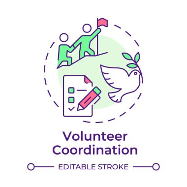 Gönüllü koordinasyon çok renkli konsept simgesi. Destekçiler iş organizasyonu. Katkı yönetimi. Yuvarlak şekil çizimi. Soyut bir fikir. Grafik tasarımı. Broşürde kullanması kolay