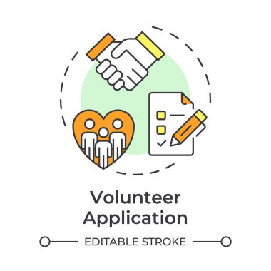 Gönüllü uygulama çok renkli konsept simgesi. Adaylara erişim. Program yönetimini destekleyenler. Yuvarlak şekil çizimi. Soyut bir fikir. Grafik tasarımı. Broşürde kullanması kolay