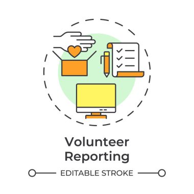 Gönüllü çok renkli konsept simgesi bildiriyor. İzleme faaliyetleri. Program yönetimini destekleyenler. Yuvarlak şekil çizimi. Soyut bir fikir. Grafik tasarımı. Broşürde kullanması kolay