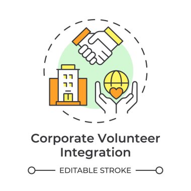 Kurumsal gönüllü entegrasyon çok renkli konsept simgesi. İşletmeler ve kar amacı gütmeyen kuruluşlar. Program yönetimi. Yuvarlak şekil çizimi. Soyut bir fikir. Grafik tasarımı. Broşürde kullanması kolay