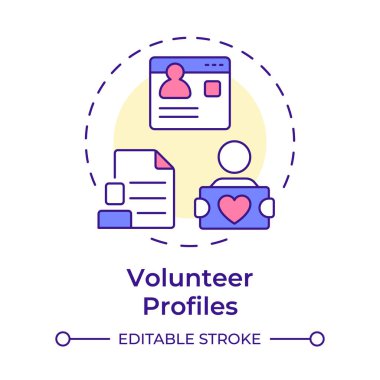 Gönüllü profili çok renkli konsept simgesi. Kişisel bilgi merkezi. Katkı etkinliği takibi. Yuvarlak şekil çizimi. Soyut bir fikir. Grafik tasarımı. Broşürde kullanması kolay