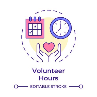 Gönüllü çalışma saatleri çok renkli konsept simgesi. Organizasyon görevlerinde toplam zaman. Katkı etkinliği takibi. Yuvarlak şekil çizimi. Soyut bir fikir. Grafik tasarımı. Broşürde kullanması kolay