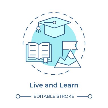 Canlı olarak yumuşak mavi konsept simgesini öğren. Bilgi, eğitim. Hayat dersleri, yetenekler. Yuvarlak şekil çizimi. Soyut bir fikir. Grafik tasarımı. Bilgide ve sunumda kullanması kolay