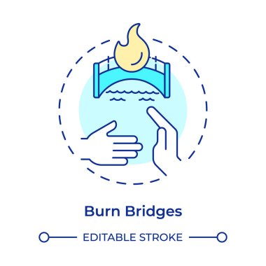 Yanık köprüler çok renkli konsept simgesi. Sosyal ilişkiler, ağ kurmak. İdiom, tavsiye. Yuvarlak şekil çizimi. Soyut bir fikir. Grafik tasarımı. Bilgide ve sunumda kullanması kolay