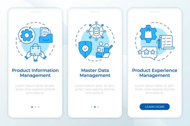 PIM vs MDM vs PEM blue mobil uygulama ekranında. Ürün verileri. Doğrusal kavramlarla birlikte düzenlenebilir grafik yönergelerini gezdir. UI, UX, GUI. Montserrat Yarı Kalın, Düzenli yazı tipleri