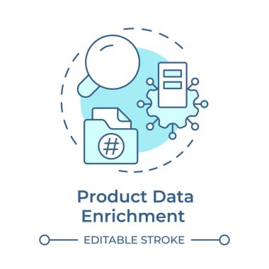 Ürün verileri zenginleştirme yumuşak mavi konsept simgesi. E-ticaret mallarının ek nitelikleri. PIM özelliği. Yuvarlak şekil çizimi. Soyut bir fikir. Grafik tasarımı. Sunumda kullanması kolay