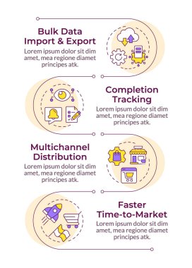 PIM sistem bilgisel dikey dizilimi kullanmanın faydaları. Ticari bilgi sistematikleştirmesi. 4 adımlı görselleştirme bilgi tablosu. Daireler iş akışı. Montserrat Yarı Kalın, Lato Düzenli yazı tipleri
