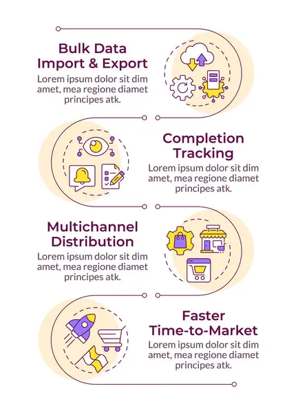 PIM sistem bilgisel dikey dizilimi kullanmanın faydaları. Ticari bilgi sistematikleştirmesi. 4 adımlı görselleştirme bilgi tablosu. Daireler iş akışı. Montserrat Yarı Kalın, Lato Düzenli yazı tipleri