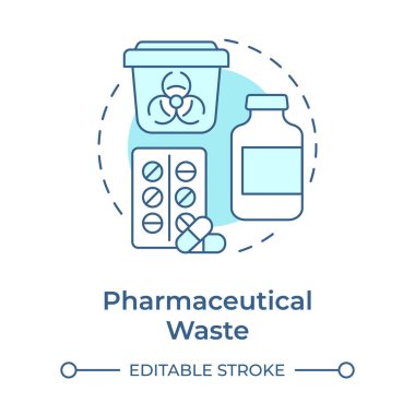 Eczacılık atığı, yumuşak mavi konsept ikonu. Tıbbi aşılar, ilaçlar. Biyolojik tehlike konteynırı. Yuvarlak şekil çizimi. Soyut bir fikir. Grafik tasarımı. Sunumda kullanması kolay, haber